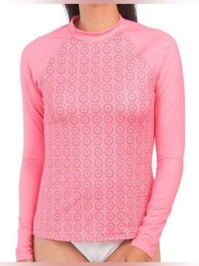 Cabana Life Coral/Pink Tile Print Rash Guard UPF 50+ Top, EUC, Sz. L
